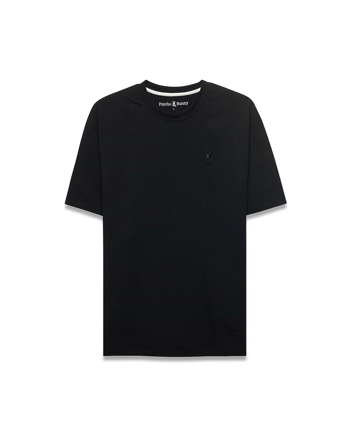 Black Mens Arlen Relaxed Seersucker Tee with subtle texture, featuring a small embroidered black Psycho Bunny skull logo on the left chest and white inner neckline trim.