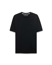 Black Mens Arlen Relaxed Seersucker Tee with subtle texture, featuring a small embroidered black Psycho Bunny skull logo on the left chest and white inner neckline trim.