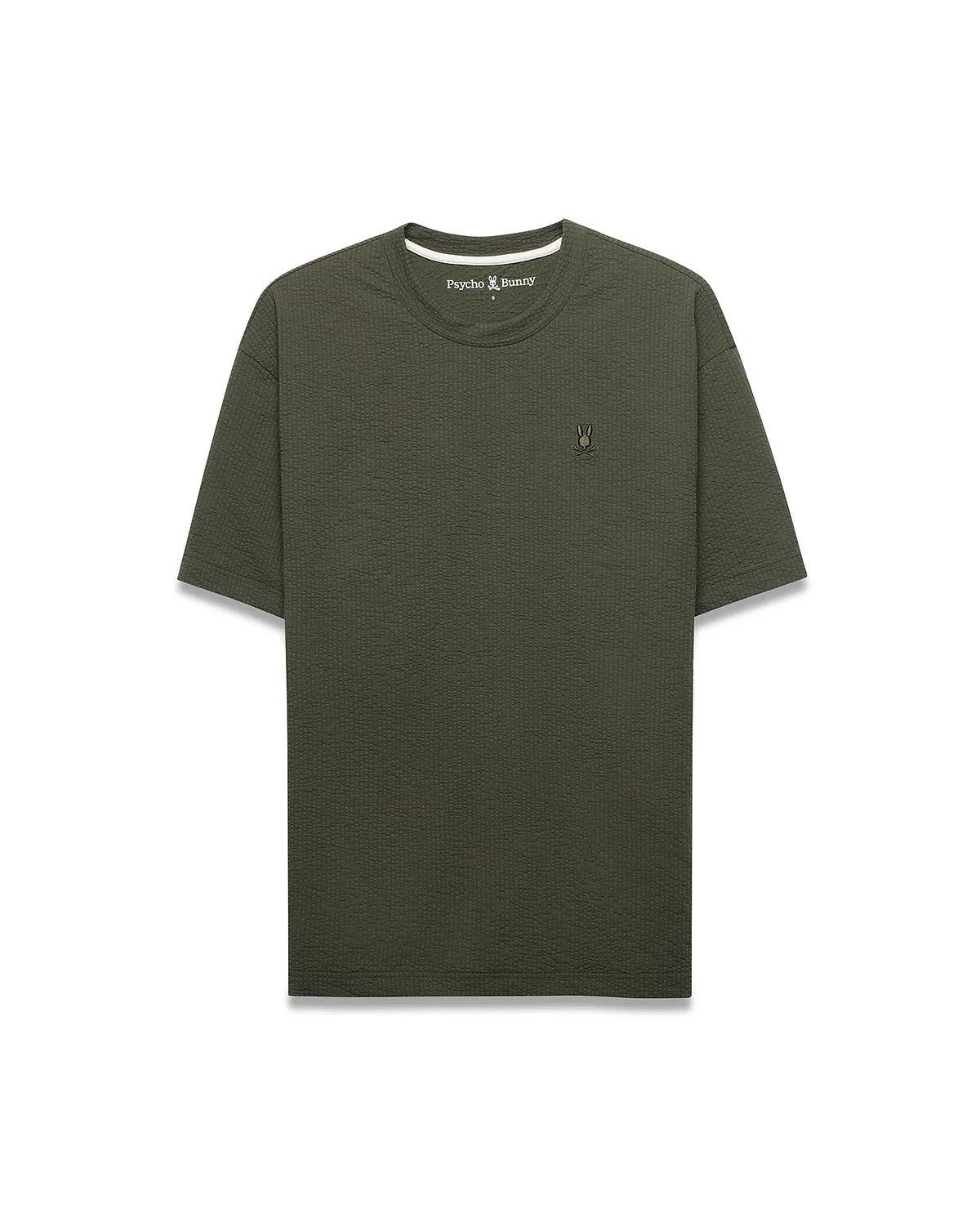 Mens Arlen Relaxed Seersucker Tee in dark olive green, featuring a textured seersucker fabric and a small, embroidered Psycho Bunny skull logo on the left chest.