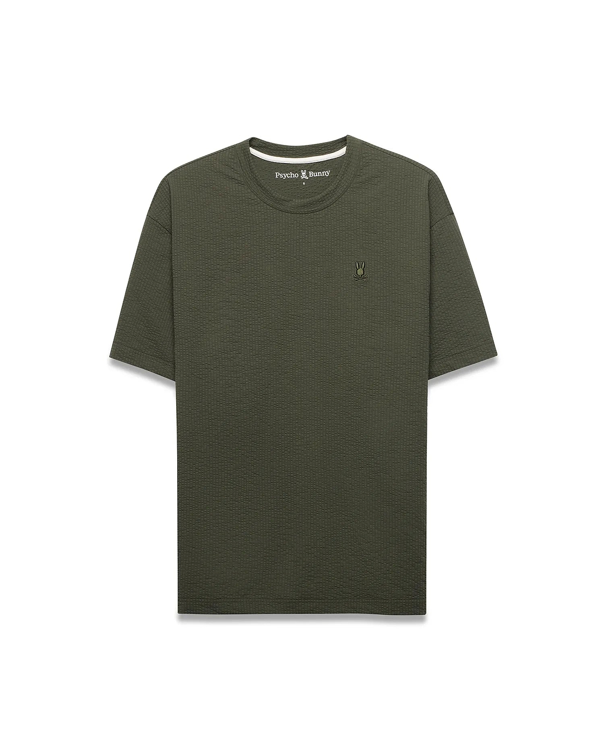 Mens Arlen Relaxed Seersucker Tee in dark olive green, featuring a textured seersucker fabric and a small, embroidered Psycho Bunny skull logo on the left chest.