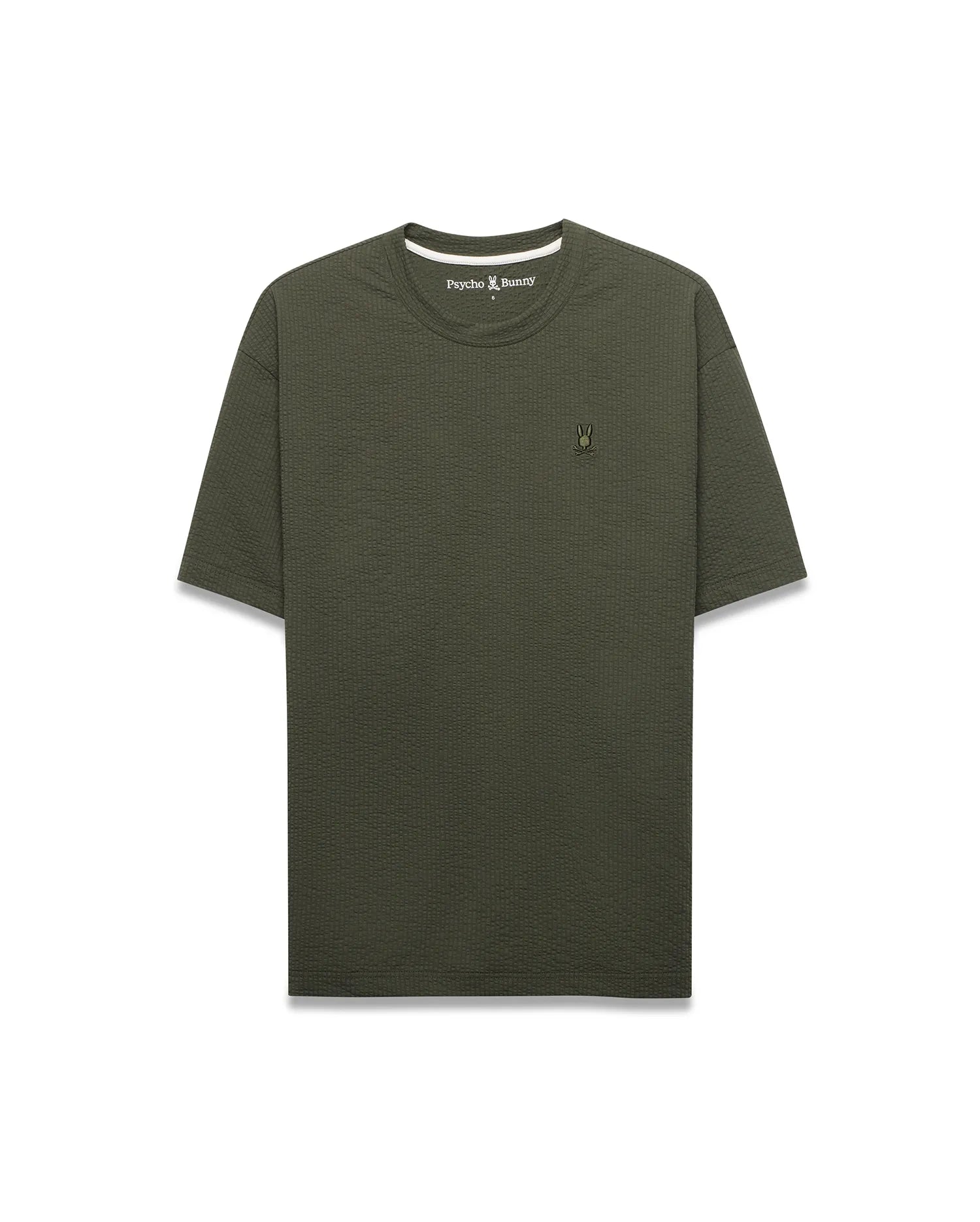 Mens Arlen Relaxed Seersucker Tee in dark olive green, featuring a textured seersucker fabric and a small, embroidered Psycho Bunny skull logo on the left chest.