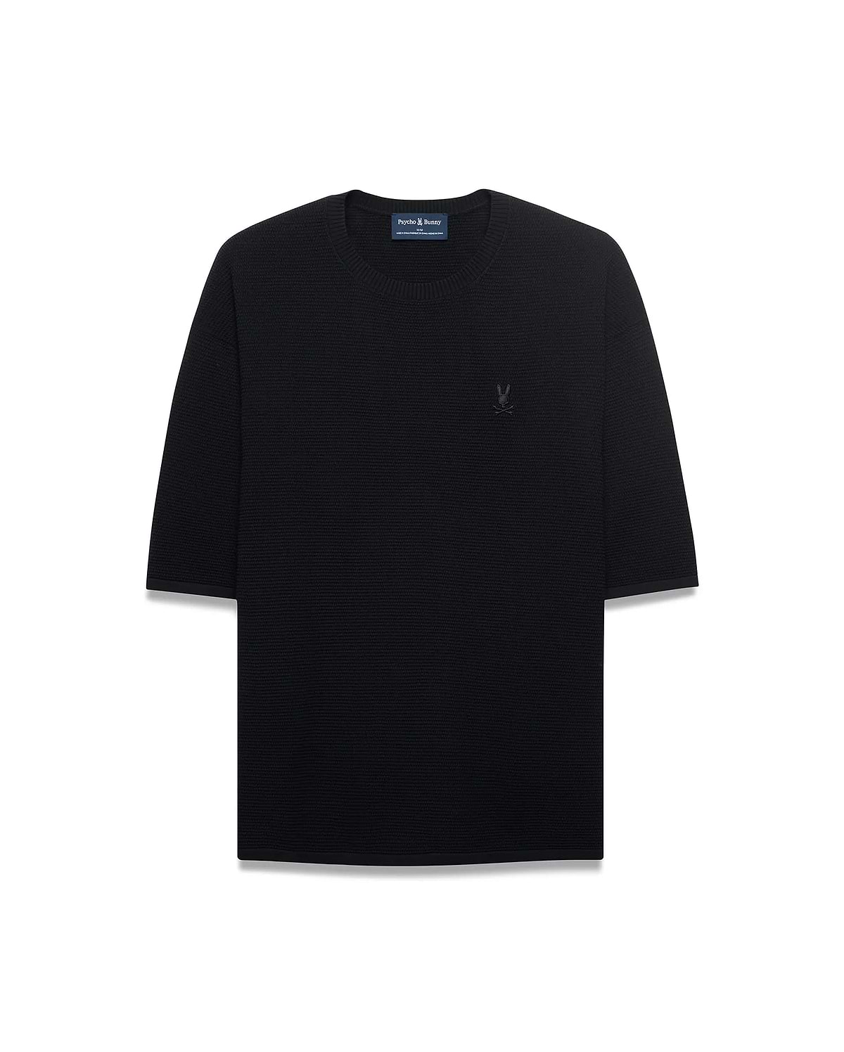 Mens Makai Textured Knit T-Shirt in black, featuring a relaxed fit, textured knit fabric, and a tonal embroidered Psycho Bunny skull logo on the left chest.