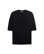 Mens Makai Textured Knit T-Shirt in black, featuring a relaxed fit, textured knit fabric, and a tonal embroidered Psycho Bunny skull logo on the left chest.