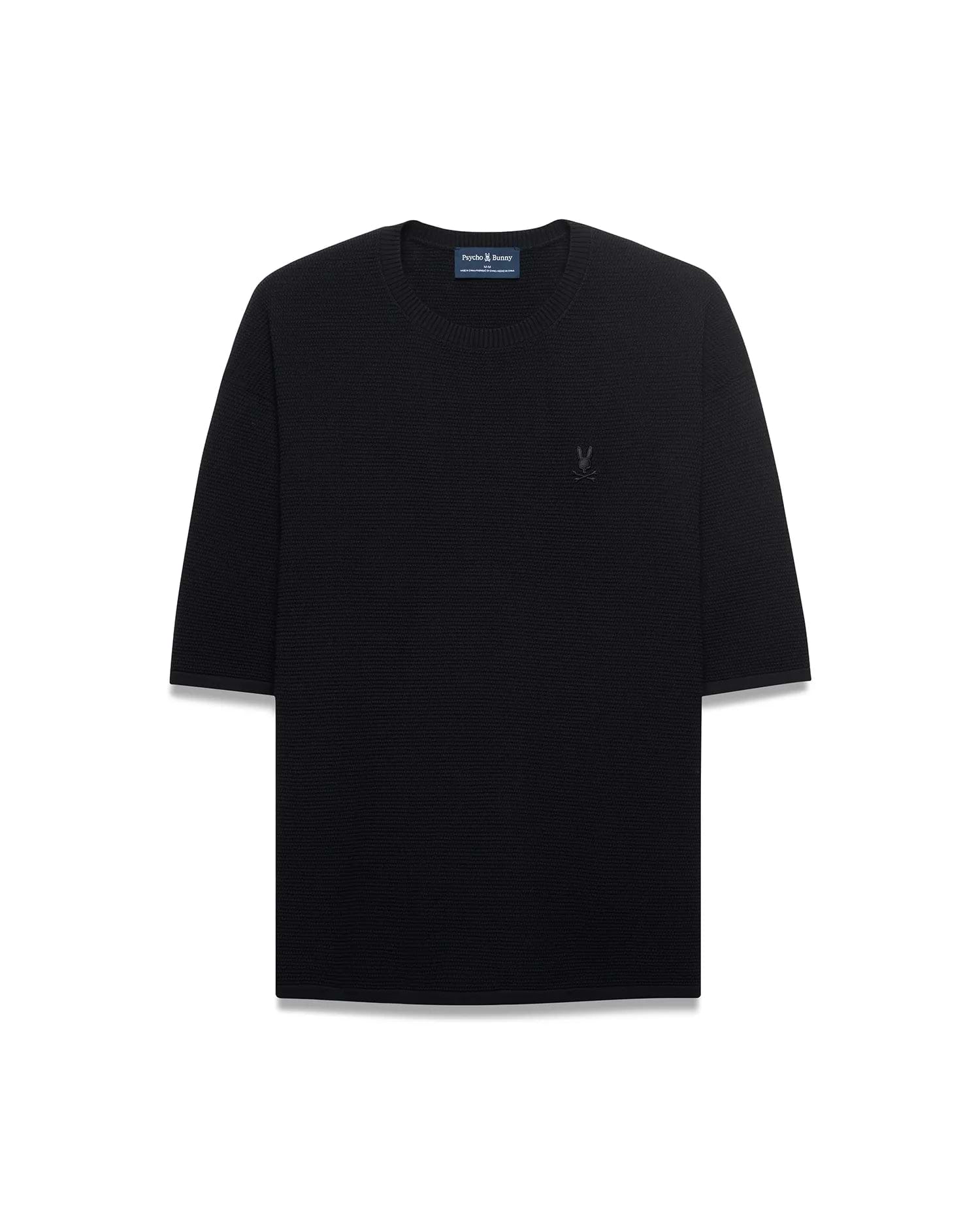 Mens Makai Textured Knit T-Shirt in black, featuring a relaxed fit, textured knit fabric, and a tonal embroidered Psycho Bunny skull logo on the left chest.