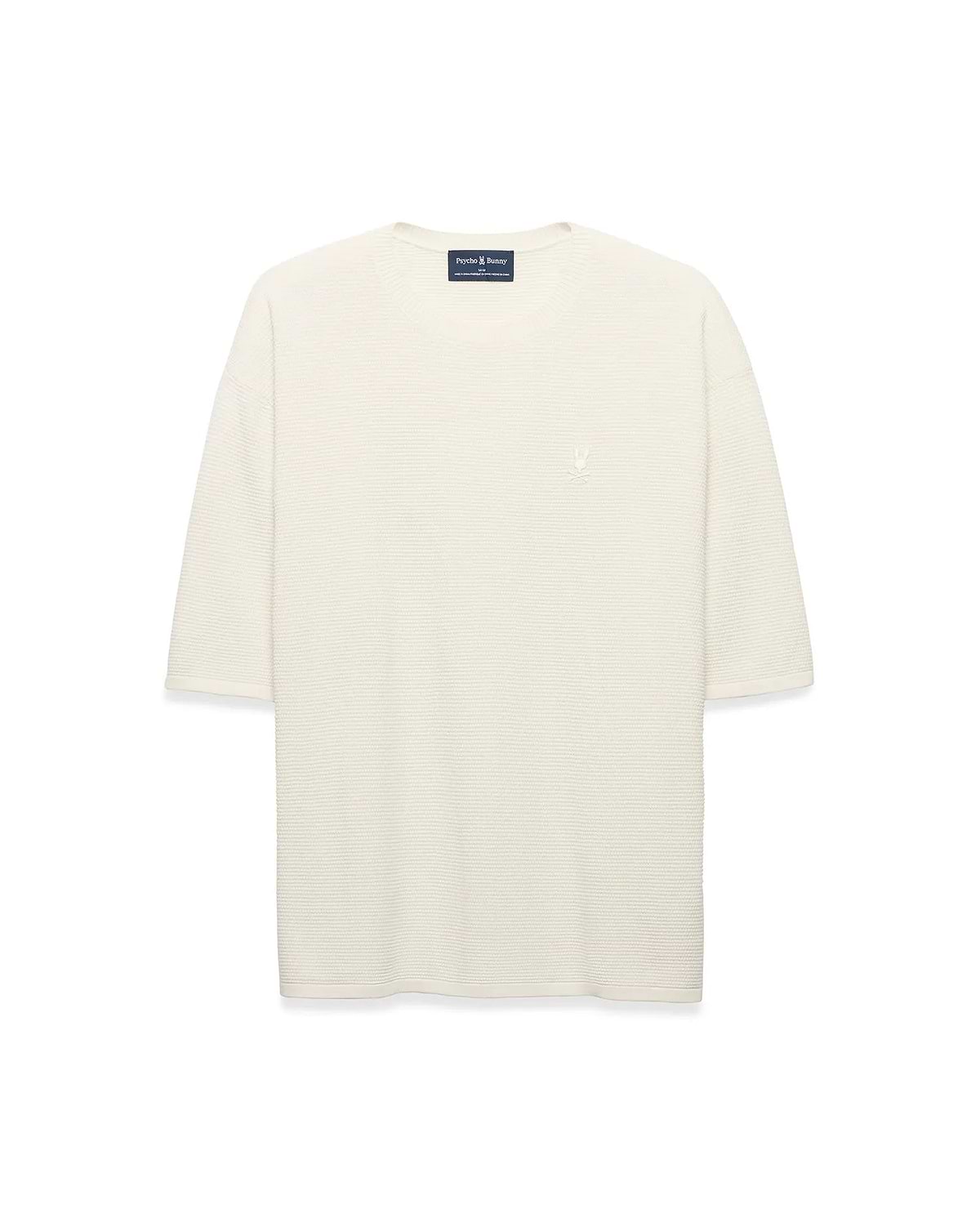 Mens Makai Textured Knit T-Shirt in cream, featuring a relaxed fit, subtle horizontal textured knit, and a small tonal embroidered Psycho Bunny skull logo on the left chest.