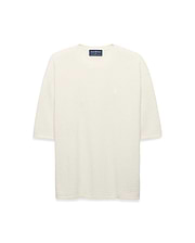 Mens Makai Textured Knit T-Shirt in cream, featuring a relaxed fit, subtle horizontal textured knit, and a small tonal embroidered Psycho Bunny skull logo on the left chest.