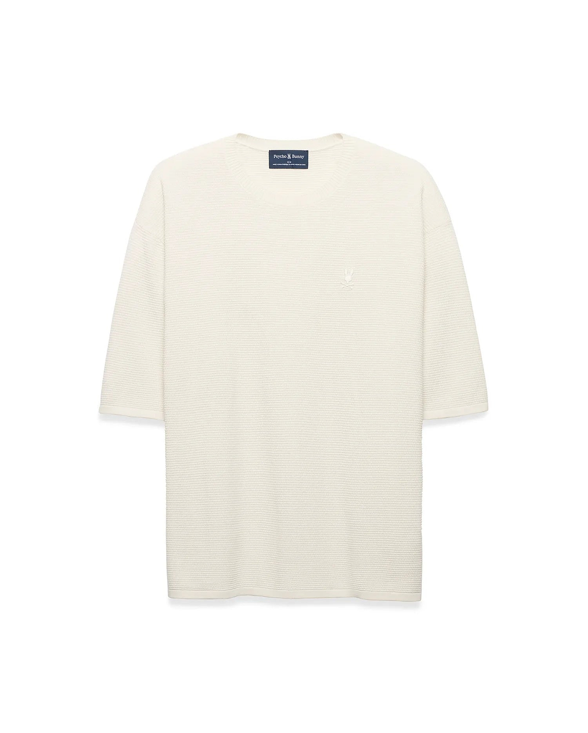 Mens Makai Textured Knit T-Shirt in cream, featuring a relaxed fit, subtle horizontal textured knit, and a small tonal embroidered Psycho Bunny skull logo on the left chest.