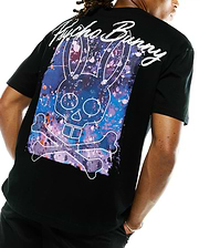 Mens Isaac Splatter Back Graphic Tee, a black t-shirt with a large back graphic: white Psycho Bunny skull and crossbones outline over purple, blue, pink, orange splatter, with white script Psycho Bunny text.