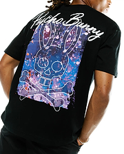 Mens Isaac Splatter Back Graphic Tee, a black t-shirt with a large back graphic: white Psycho Bunny skull and crossbones outline over purple, blue, pink, orange splatter, with white script Psycho Bunny text.