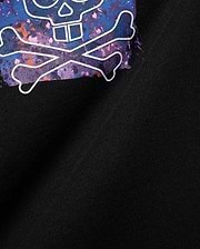 Mens Isaac Splatter Back Graphic Tee, black jersey knit with a large back graphic featuring a white outlined skull and crossbones over a vibrant blue, purple, pink, and orange splatter pattern.