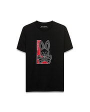 Men's Lowell Graphic Tee, black classic fit jersey t-shirt with a large central white-outlined Psycho Bunny skull and crossbones logo featuring red accents and vertical Psycho Bunny text. (1)