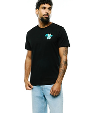Black Mens Miami Back Graphic Tee, classic fit, featuring a small light blue, white, and orange Psycho Bunny skull logo with palm trees and crossbones on the left chest, in soft jersey knit. (4)