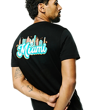 Black Mens Miami Back Graphic Tee, classic fit jersey, featuring a vibrant teal, orange, and white Miami skyline graphic with the Psycho Bunny skull logo on the back. (1)
