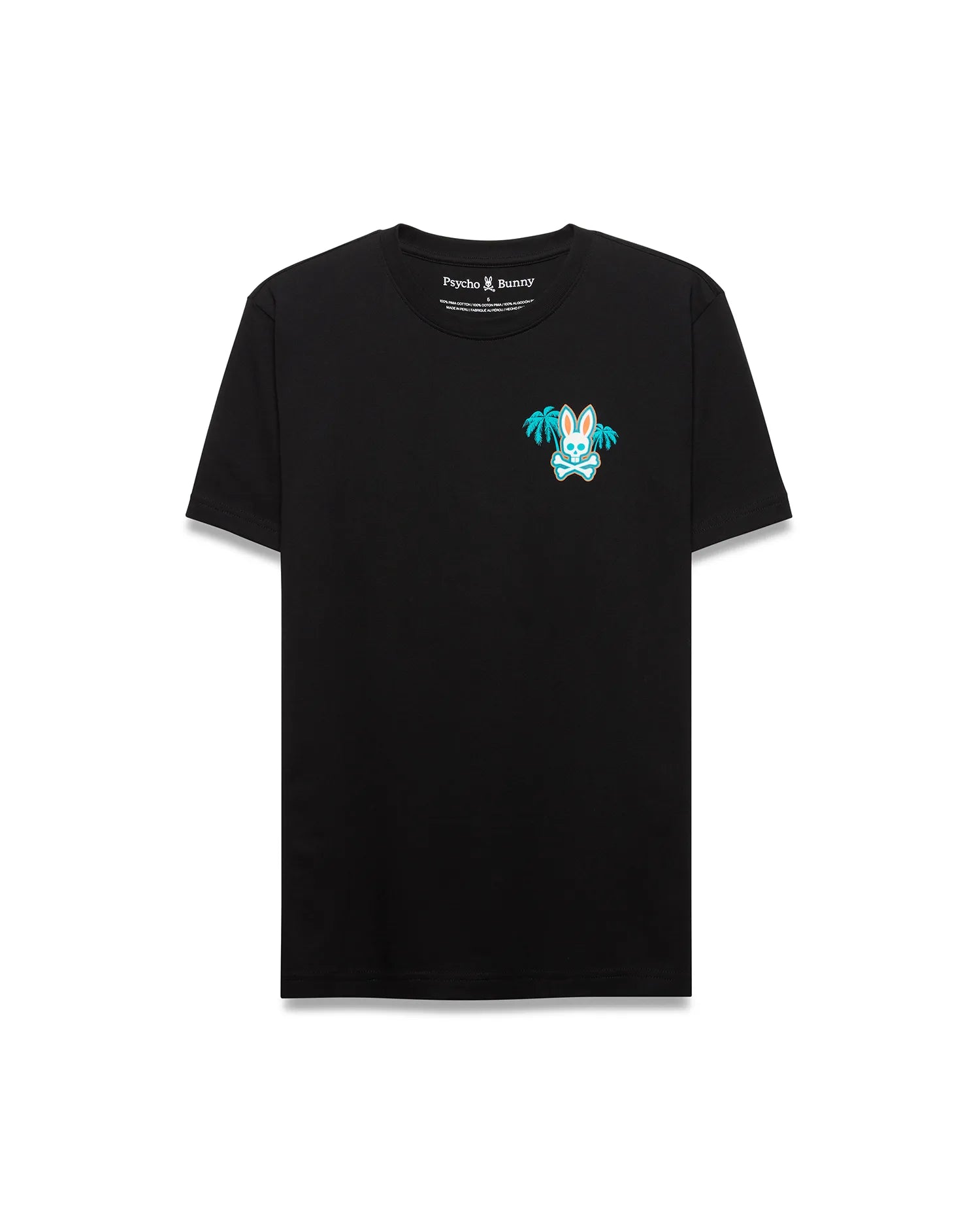 Mens Miami Back Graphic Tee in black classic fit jersey, featuring a small embroidered Psycho Bunny skull logo with teal palm trees, crossbones, and orange accents on the left chest. (5)