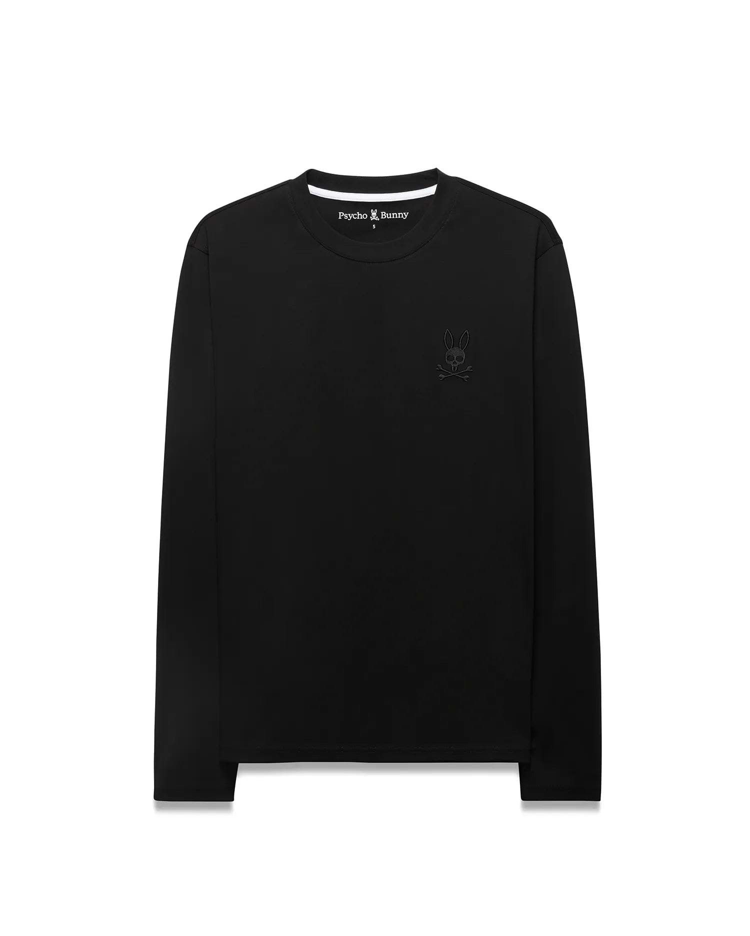 Men's Oscar Longsleeve Tee, a classic fit black jersey long-sleeve t-shirt featuring a small, tonal embroidered Psycho Bunny skull logo on the left chest. (5)