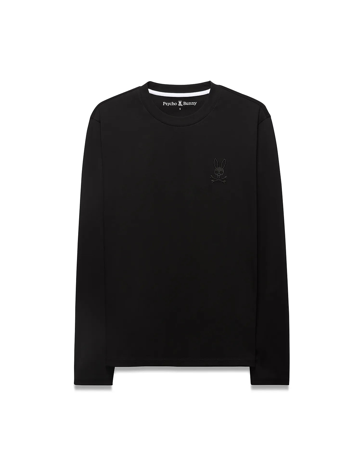 Men's Oscar Longsleeve Tee, a classic fit black jersey long-sleeve t-shirt featuring a small, tonal embroidered Psycho Bunny skull logo on the left chest. (5)