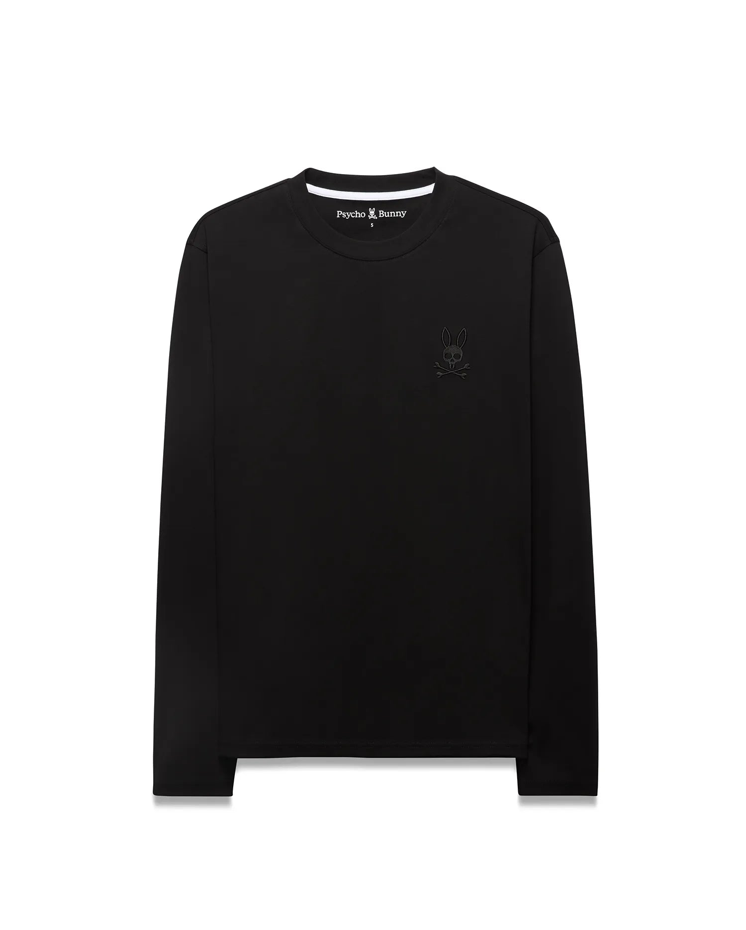 Men's Oscar Longsleeve Tee, a classic fit black jersey long-sleeve t-shirt featuring a small, tonal embroidered Psycho Bunny skull logo on the left chest. (5)