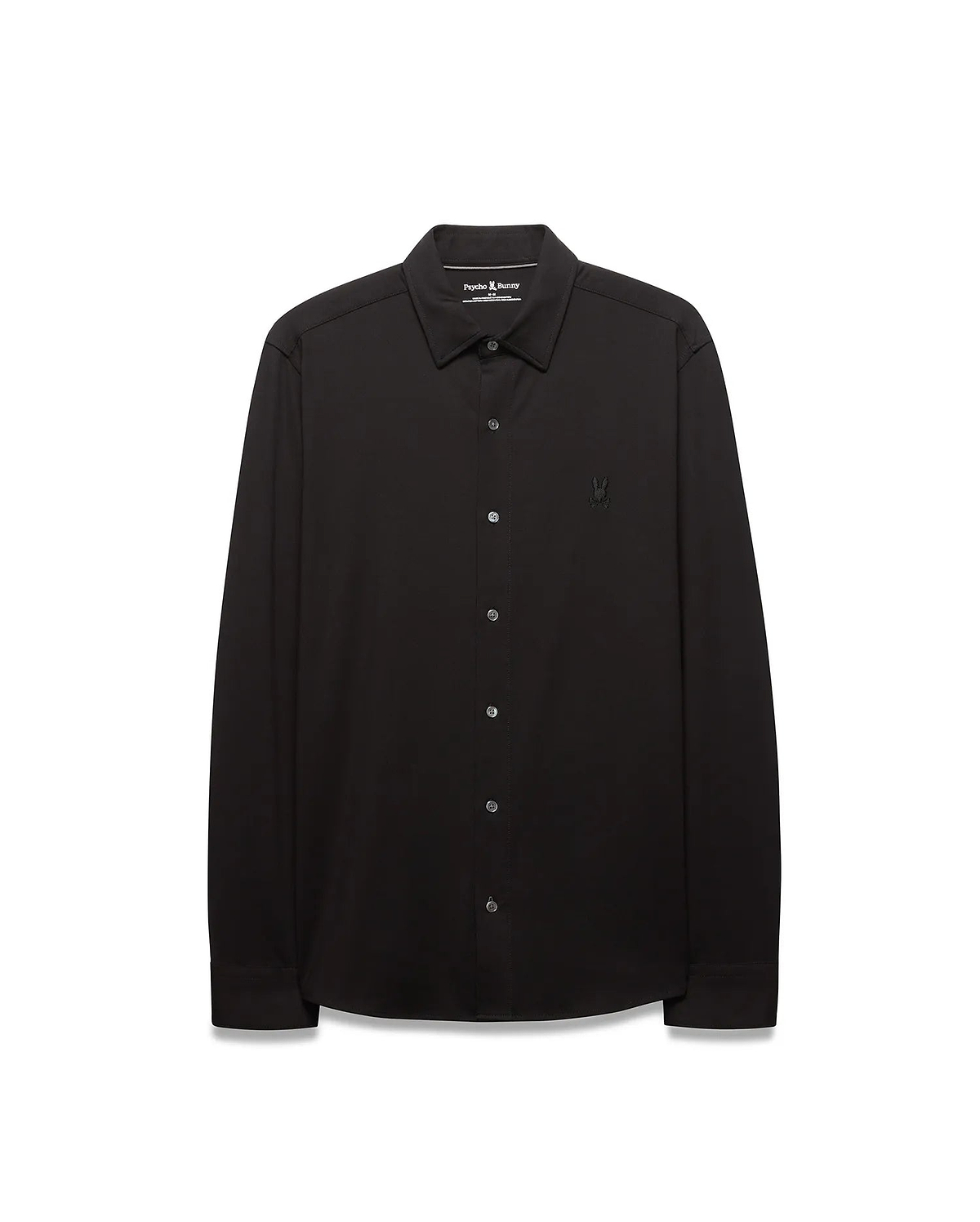 Black Mens Jim Jersey Knit Shirt, a classic fit long-sleeve collared shirt with a smooth jersey knit texture and a small, tonal black embroidered Psycho Bunny skull logo on the left chest.