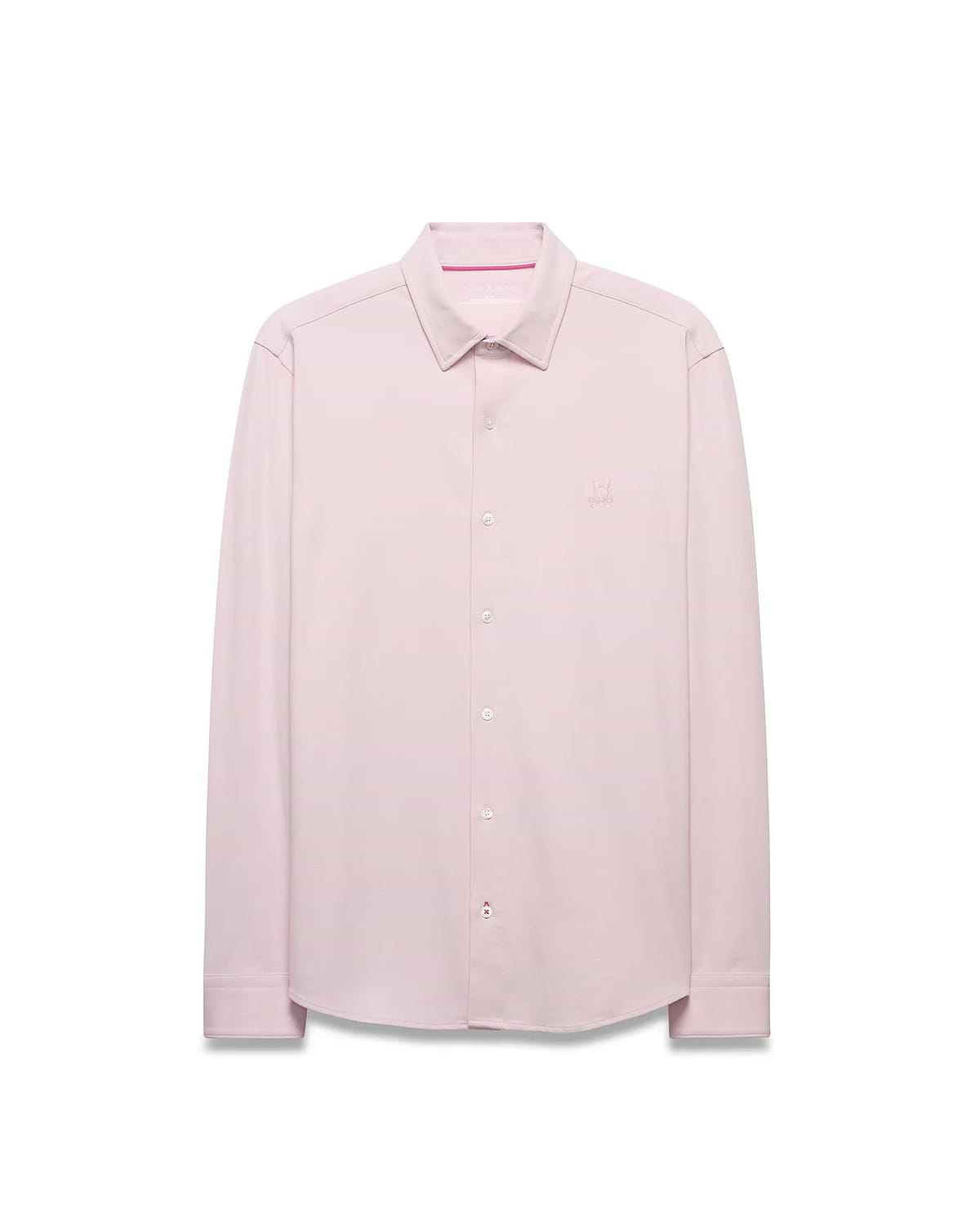 Men's Jim Jersey Longsleeve Shirt in light pink, featuring a classic fit, full button-down front, white buttons, subtle pink collar stitching, and a small embroidered Psycho Bunny skull logo on the left chest. (4)