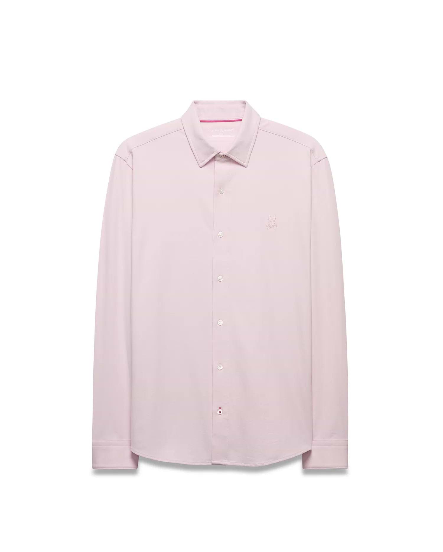Men's Jim Jersey Longsleeve Shirt in light pink, featuring a classic fit, full button-down front, white buttons, subtle pink collar stitching, and a small embroidered Psycho Bunny skull logo on the left chest. (4)