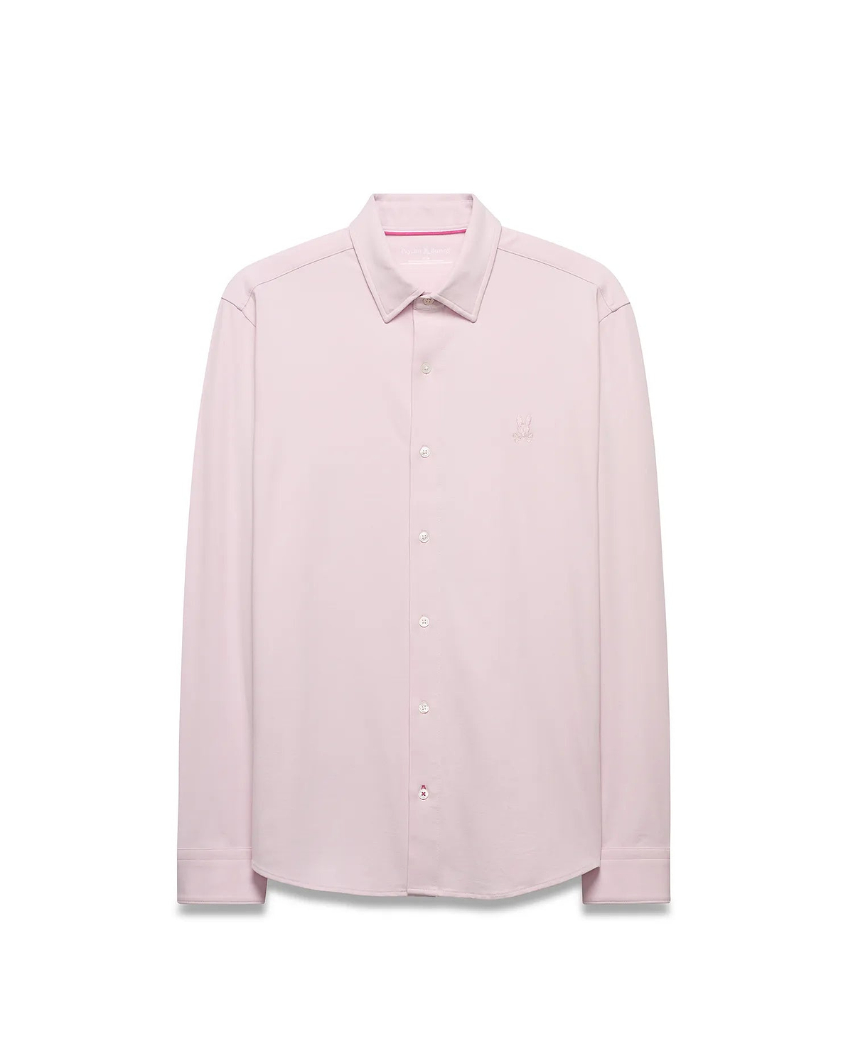 Men's Jim Jersey Longsleeve Shirt in light pink, featuring a classic fit, full button-down front, white buttons, subtle pink collar stitching, and a small embroidered Psycho Bunny skull logo on the left chest. (4)