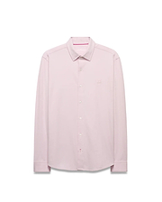 Men's Jim Jersey Longsleeve Shirt in light pink, featuring a classic fit, full button-down front, white buttons, subtle pink collar stitching, and a small embroidered Psycho Bunny skull logo on the left chest. (4)