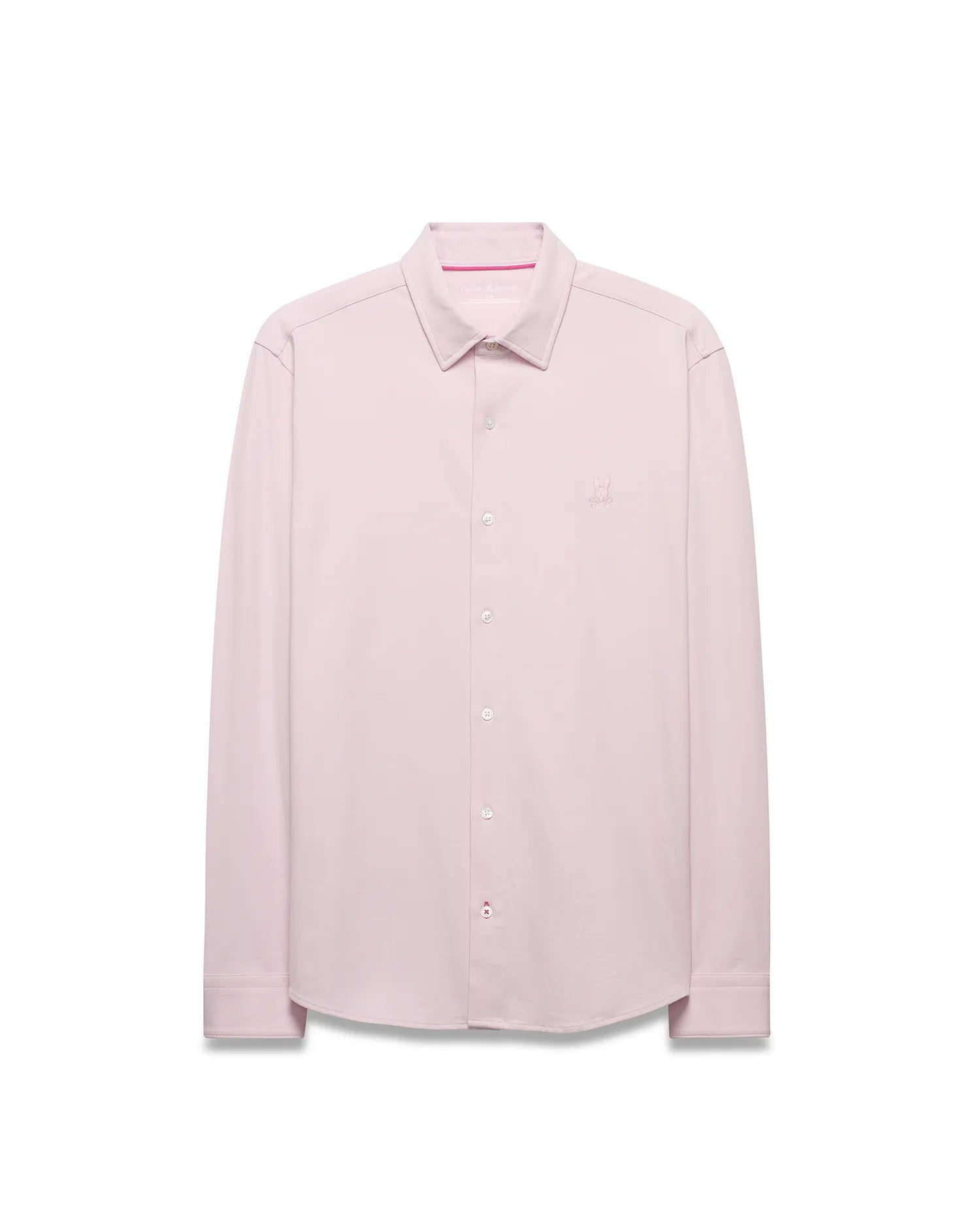 Men's Jim Jersey Longsleeve Shirt in light pink, featuring a classic fit, full button-down front, white buttons, subtle pink collar stitching, and a small embroidered Psycho Bunny skull logo on the left chest. (4)