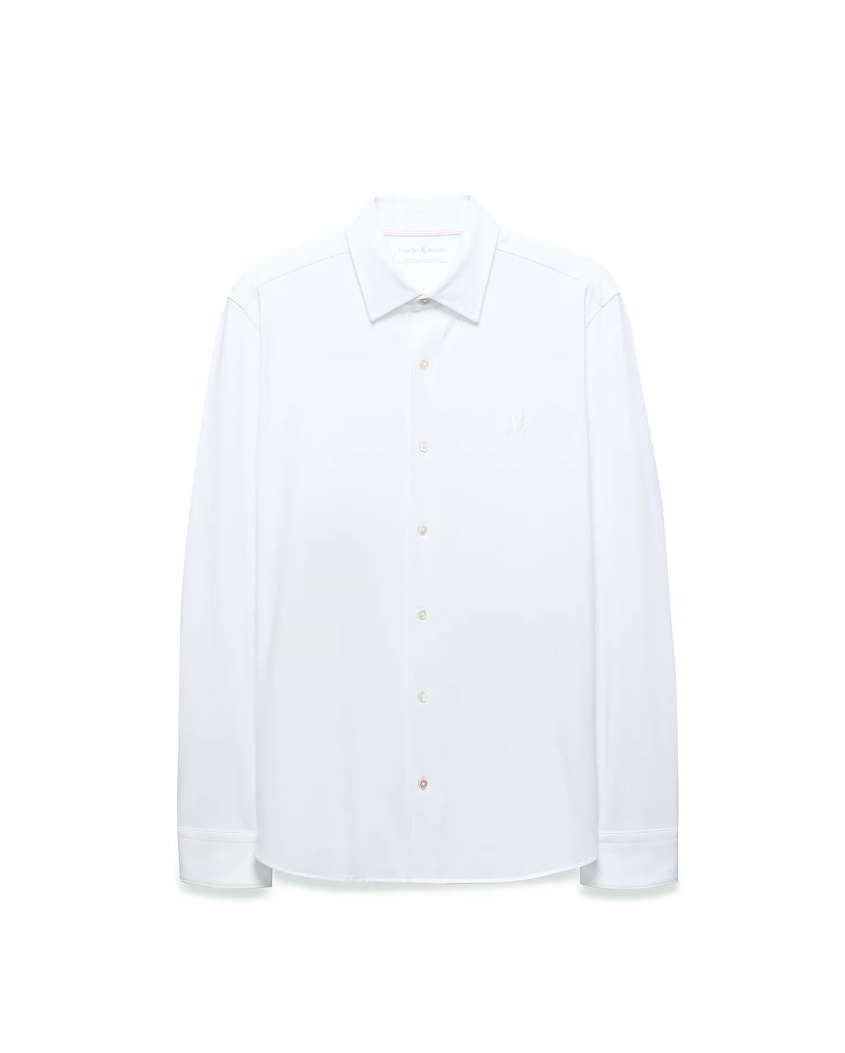 White Mens Jim Jersey Knit Shirt, a classic fit long sleeve button-down with a small embroidered Psycho Bunny skull logo on the left chest, light brown buttons, and pink collar lining. (5)