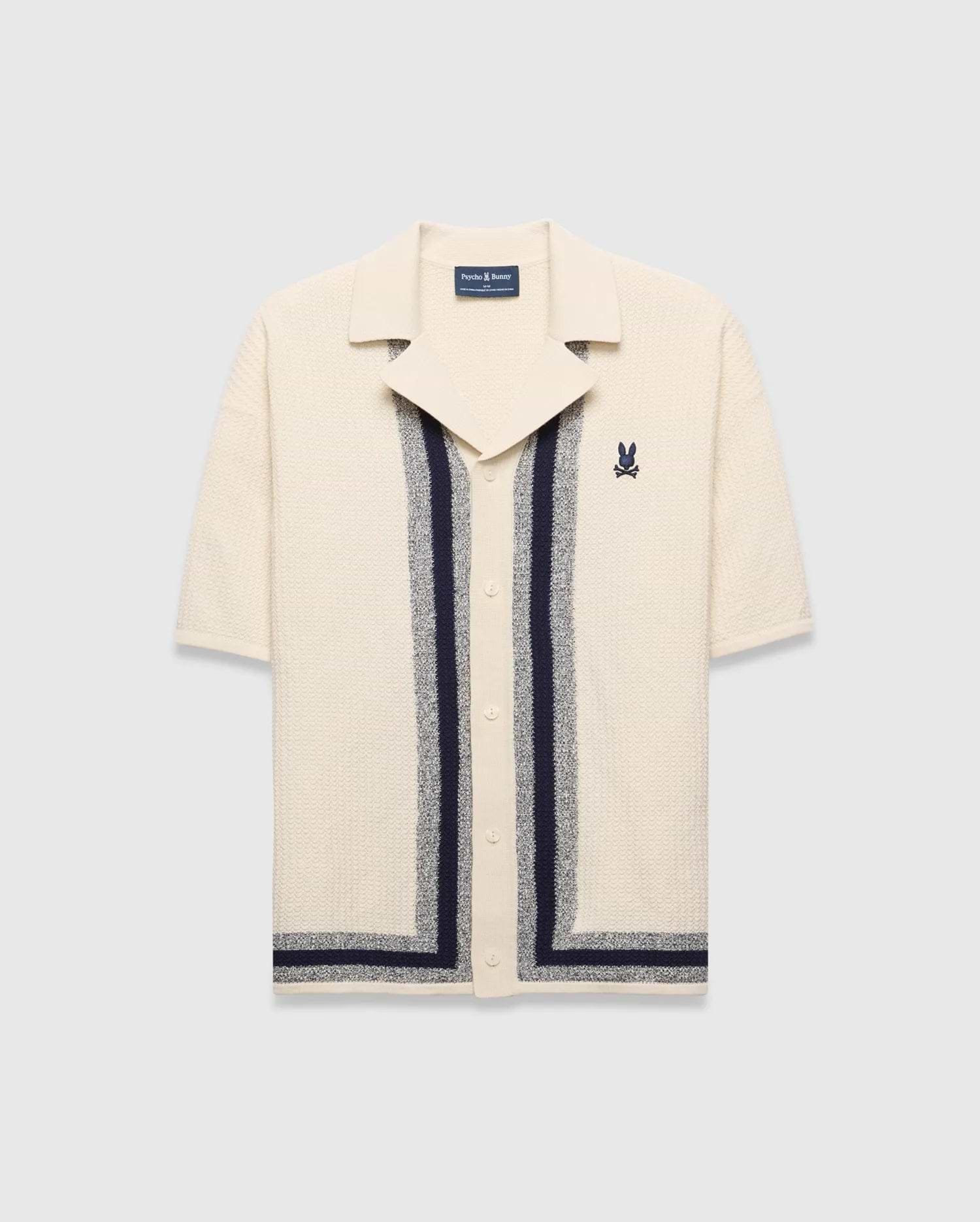 Mens Giles Relaxed Fit Border Knit Shirt in cream textured knit with navy and heathered grey vertical stripes, a spread collar, and an embroidered Psycho Bunny skull logo on the left chest.