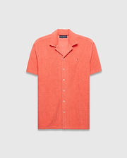 Mens Tristan Shirt, coral relaxed fit short-sleeve camp collar shirt with textured diamond jacquard pattern and small embroidered Psycho Bunny skull logo on left chest. (5)