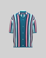 Mens Cliff Shirt, a relaxed fit knitted short-sleeve button-up with vibrant teal, pink, light blue, white, navy vertical stripes, and an embroidered Psycho Bunny skull logo on the left chest. (4)