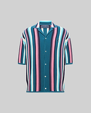 Mens Cliff Shirt, a relaxed fit knitted short-sleeve button-up with vibrant teal, pink, light blue, white, navy vertical stripes, and an embroidered Psycho Bunny skull logo on the left chest. (4)