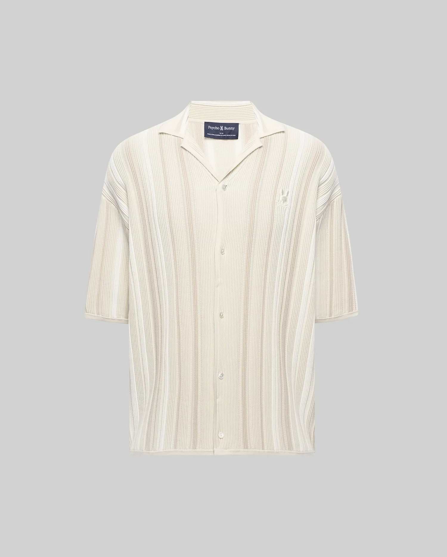 Mens Cliff Shirt, a relaxed fit cream and beige striped ribbed knit button-up with a camp collar, short sleeves, and a small embroidered Psycho Bunny skull logo on the left chest.