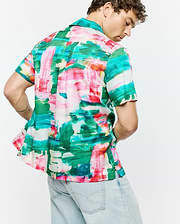 Mens Nate Tencel Shirt, a relaxed fit short-sleeve button-up shirt crafted from smooth Tencel fabric, featuring a vibrant abstract brushstroke print in green, pink, red, blue, and white.