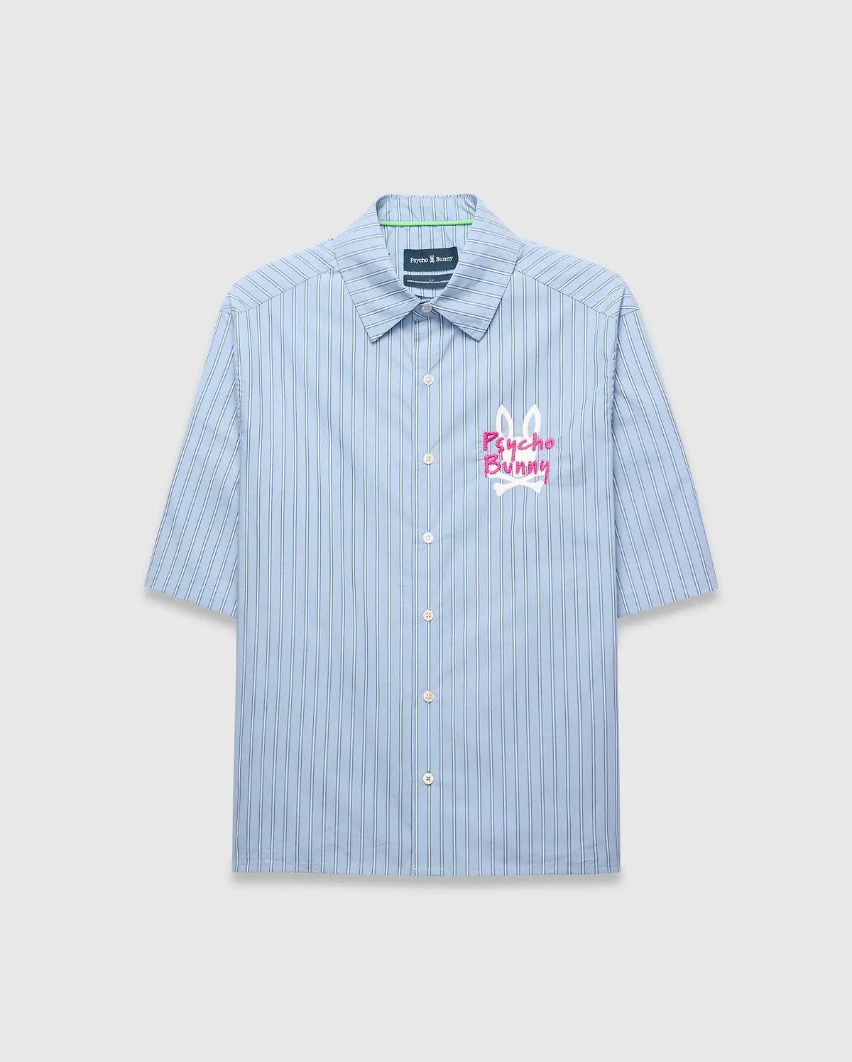 Mens Duncan Stripe Shirt, a light blue classic fit short-sleeve button-up shirt with thin dark blue vertical stripes and a large pink and white embroidered Psycho Bunny logo on the chest. (6)