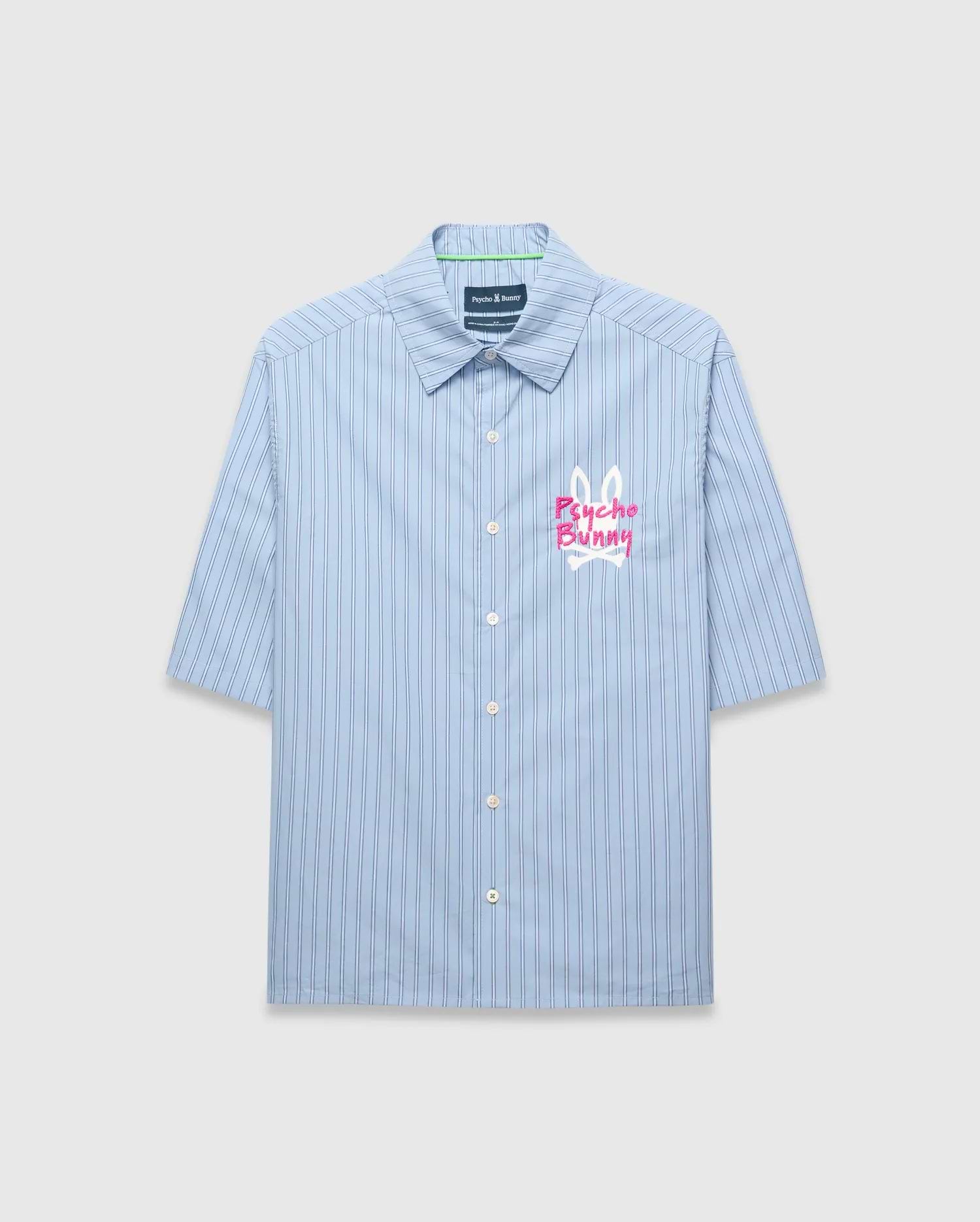 Mens Duncan Stripe Shirt, a light blue classic fit short-sleeve button-up shirt with thin dark blue vertical stripes and a large pink and white embroidered Psycho Bunny logo on the chest. (6)