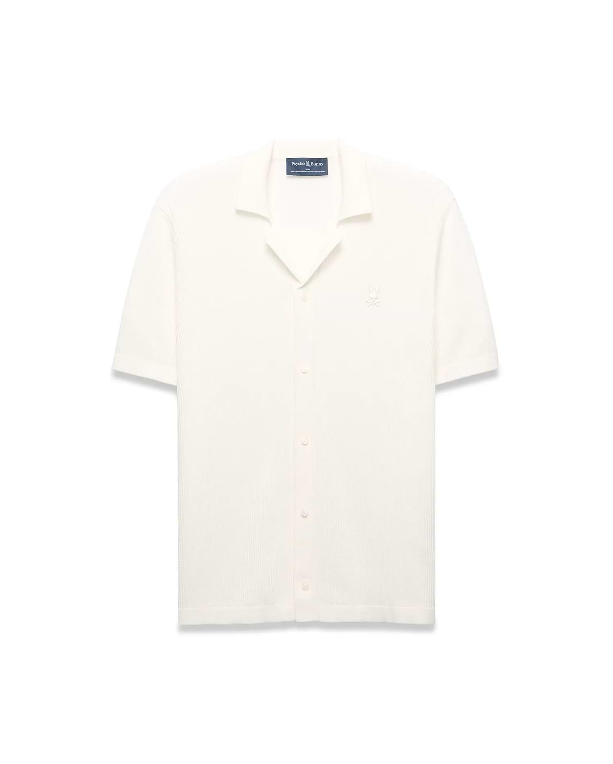Mens Yann Knit Shirt, cream ribbed knit, short-sleeve, full button-front, camp collar, with a small embroidered Psycho Bunny skull logo on the left chest, classic fit.
