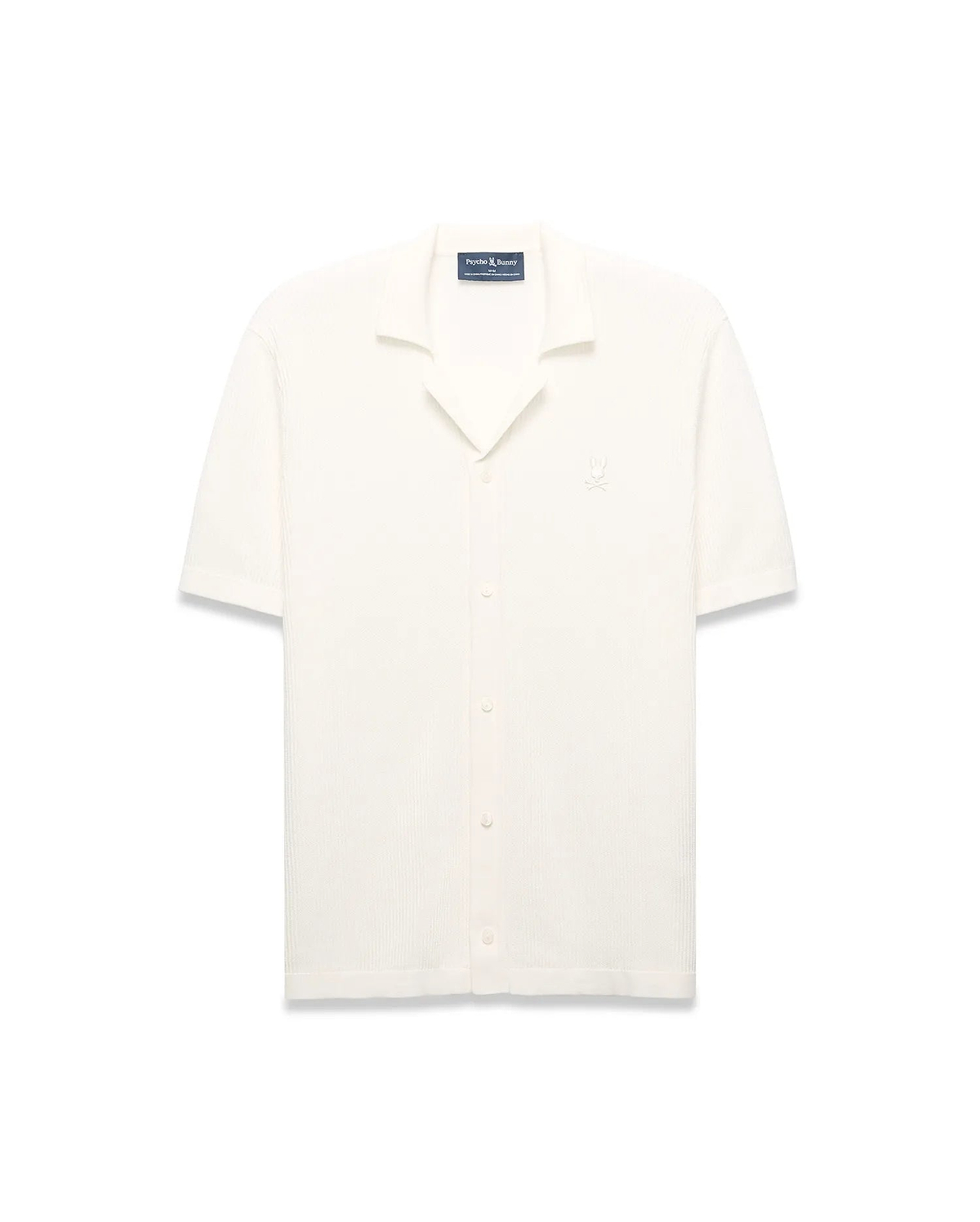 Mens Yann Knit Shirt, cream ribbed knit, short-sleeve, full button-front, camp collar, with a small embroidered Psycho Bunny skull logo on the left chest, classic fit.