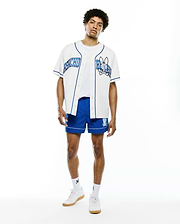 Mens Nathaniel Baseball Shirt, white with royal blue piping, featuring large embroidered PSYCHO text on left chest and BUNNY text with skull logo on right chest, classic fit.