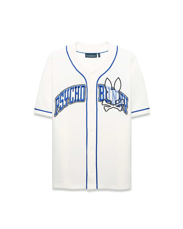 Mens Nathaniel Baseball Shirt, cream relaxed fit jersey with blue piping, featuring a large embroidered PSYCHO BUNNY text and bunny skull crossbones graphic on the chest.