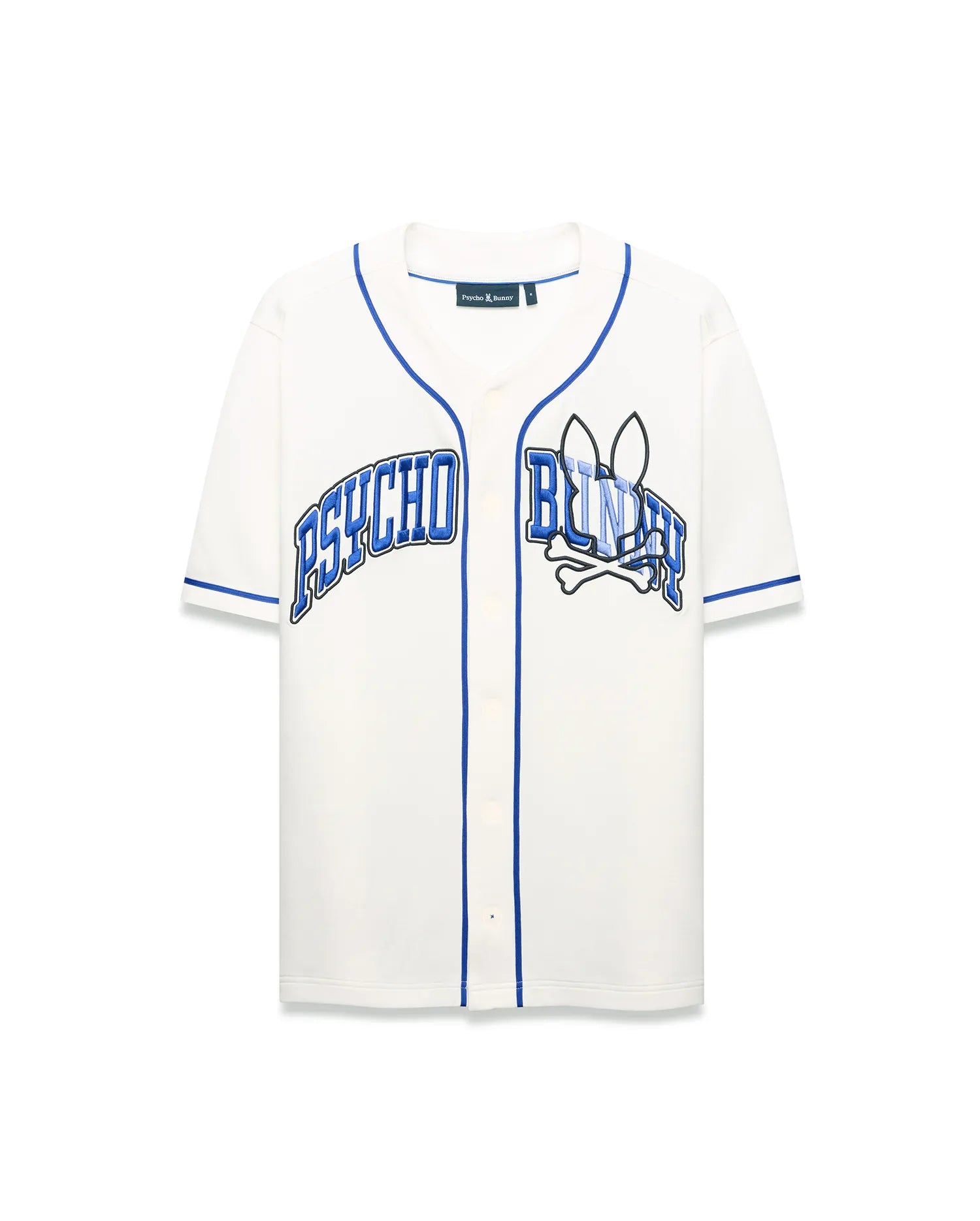Mens Nathaniel Baseball Shirt, cream relaxed fit jersey with blue piping, featuring a large embroidered PSYCHO BUNNY text and bunny skull crossbones graphic on the chest.