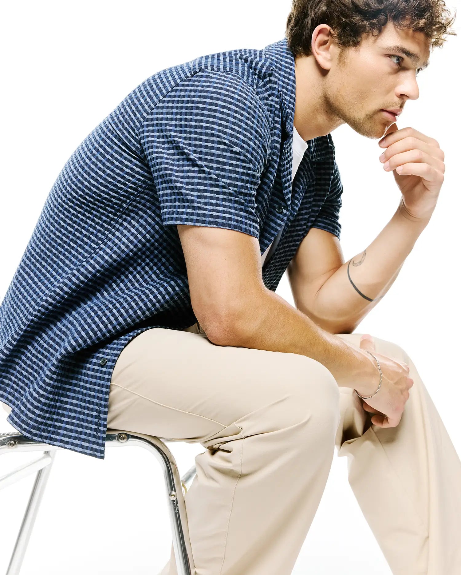 Mens Erik Raised Check Shirt, a classic fit navy and light blue short-sleeve button-up, featuring a distinctive textured raised check pattern, perfect for refined streetwear.