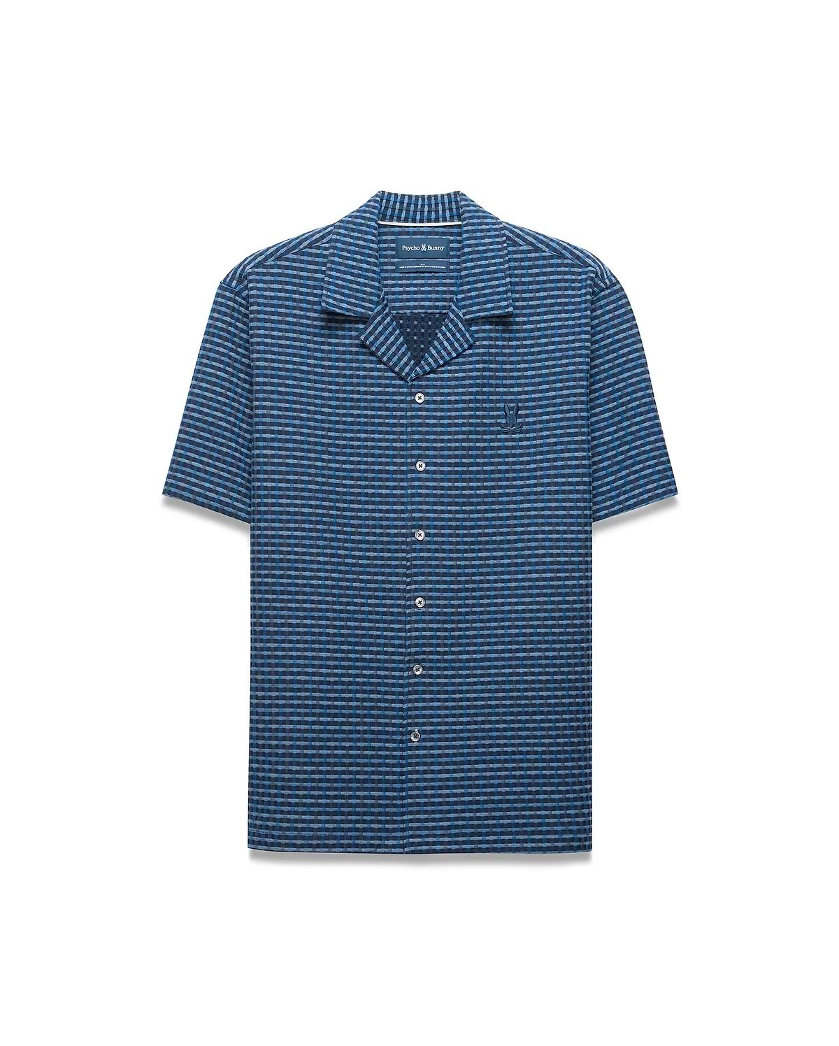 Mens Erik Raised Check Shirt. Relaxed fit short-sleeve blue camp collar shirt with a raised blue and grey check pattern, featuring a small embroidered Psycho Bunny skull logo on the left chest.