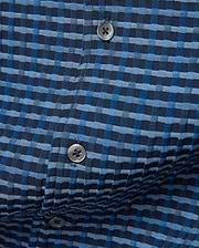 MENS Erik Raised Check Shirt, a premium blue and navy textured woven shirt featuring a distinctive raised check pattern with subtle puckering and dark grey buttons.