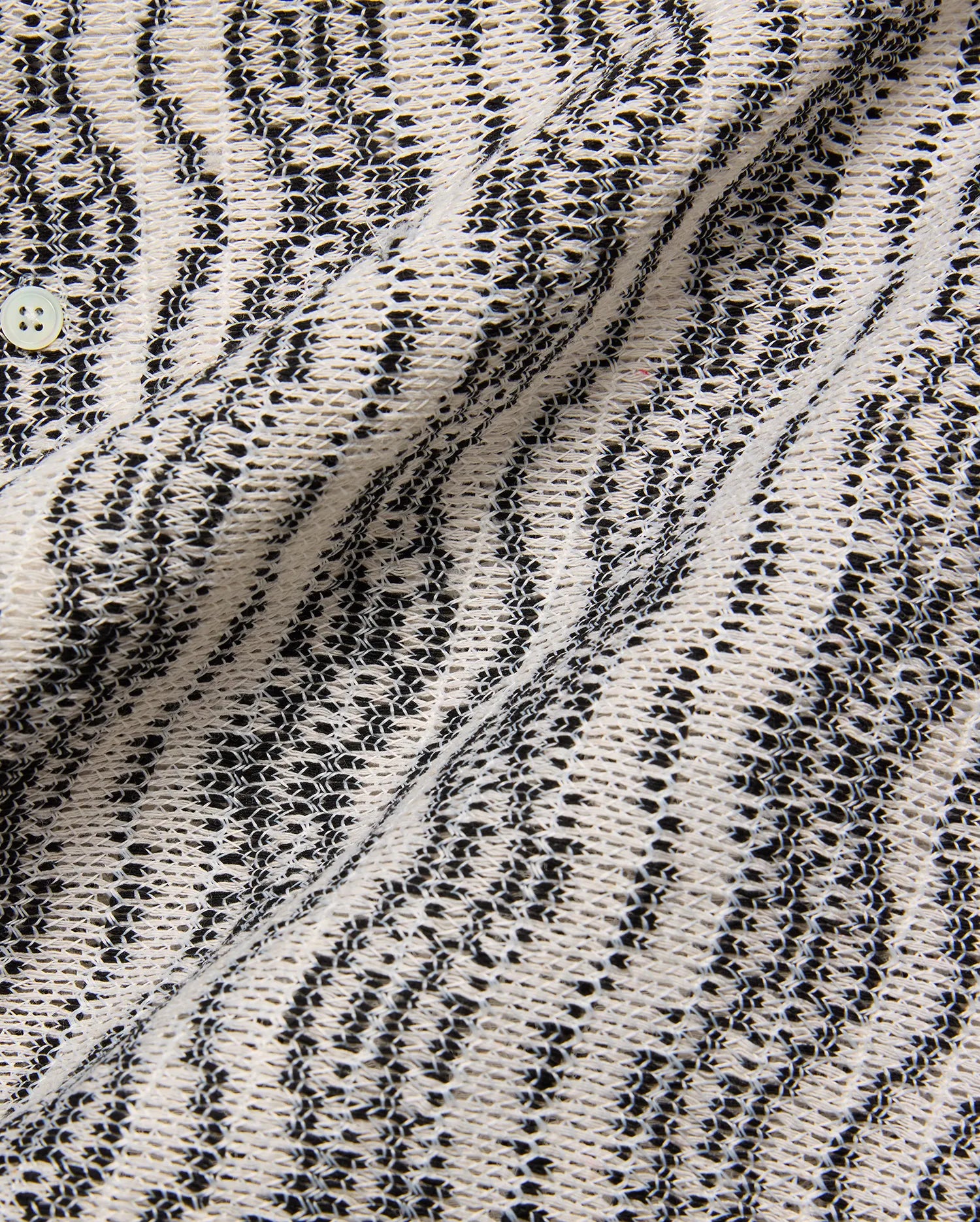 Mens Dave Crochet Shirt, a premium knit featuring an intricate cream and black open-weave texture with a distinctive zig-zag striped pattern and a visible light button closure. (5)