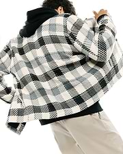 Mens Kessler Relaxed Plaid Overshirt in cream, black, and grey, showcasing a prominent textured, ribbed plaid pattern with a relaxed fit, layered over a black hoodie.