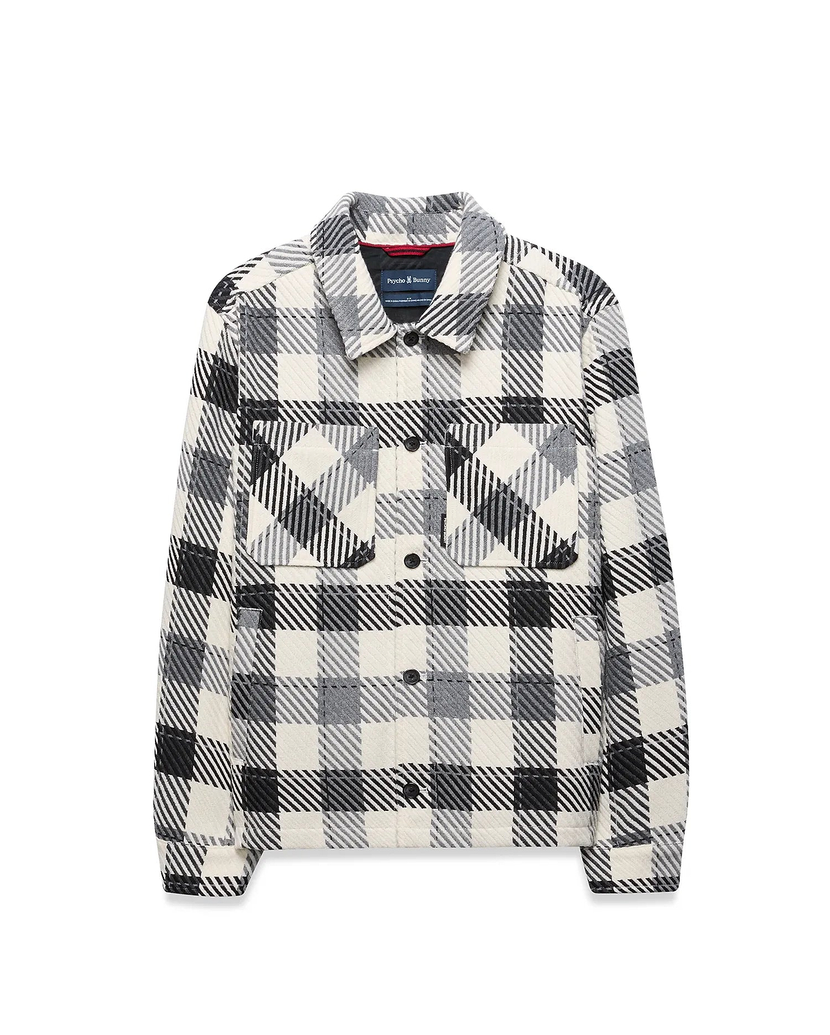 Mens Kessler Relaxed Plaid Overshirt in black, white, and grey, featuring a quilted texture, two buttoned chest pockets, black buttons, and Psycho Bunny branding on the inner collar.