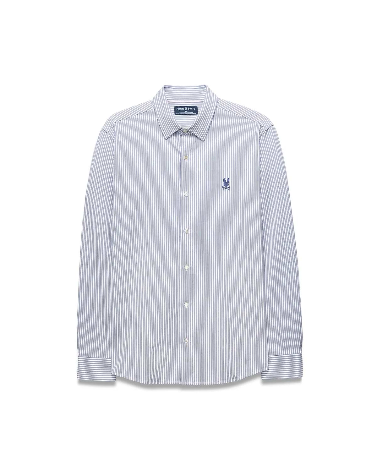 Mens Jim Stripe Jersey Knit L/S Shirt, a classic fit long-sleeve shirt with white and blue vertical stripes and a small embroidered blue Psycho Bunny skull logo on the left chest. (5)