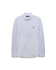 Mens Jim Stripe Jersey Knit L/S Shirt, a classic fit long-sleeve shirt with white and blue vertical stripes and a small embroidered blue Psycho Bunny skull logo on the left chest. (5)