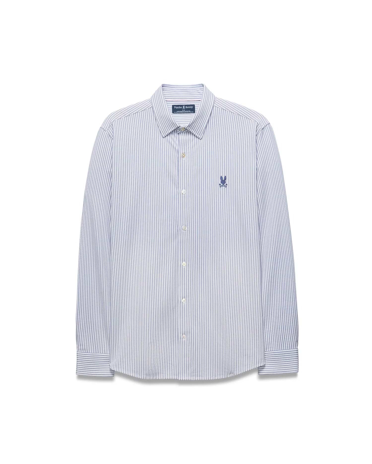Mens Jim Stripe Jersey Knit L/S Shirt, a classic fit long-sleeve shirt with white and blue vertical stripes and a small embroidered blue Psycho Bunny skull logo on the left chest. (5)